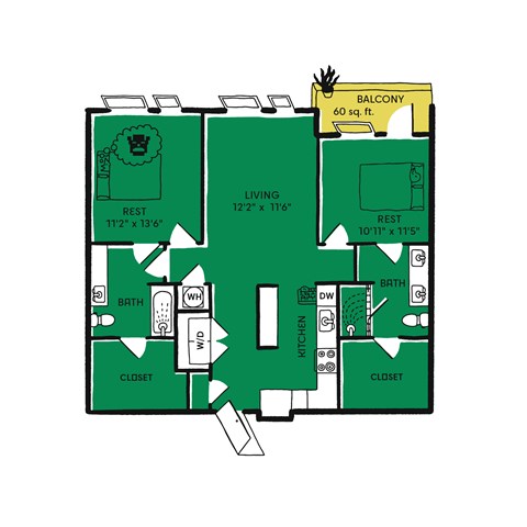 a floor plan of a house with two bedrooms and two baths